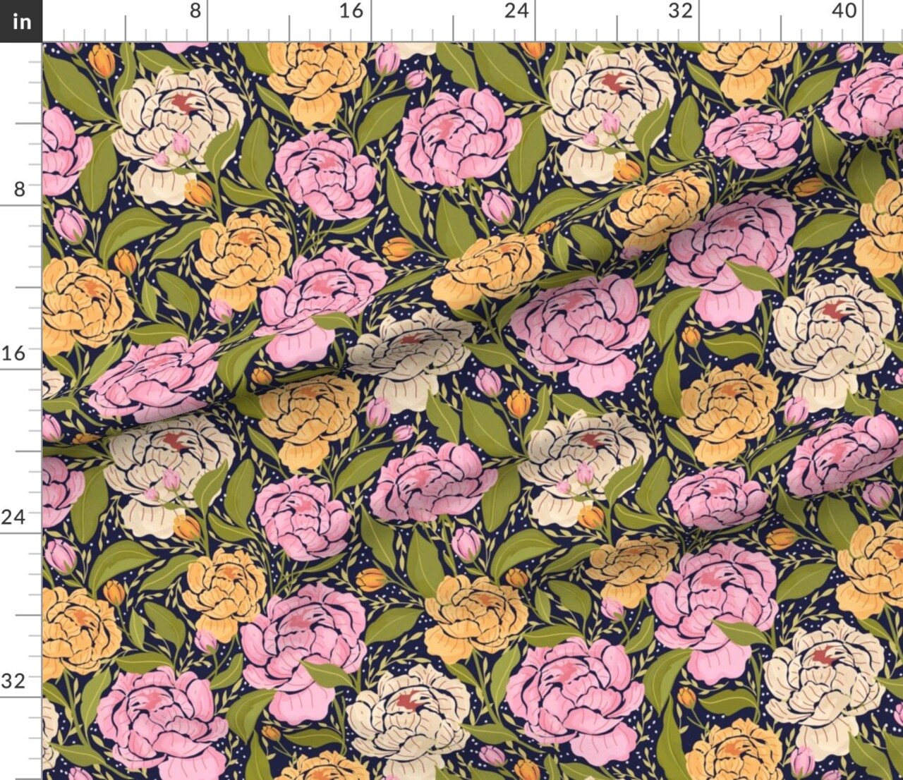 Peony Flowers Floral Spring Garden Botanical Peonies Pink Yellow Green Cottagecore Custom Printed Fabric by Spoonflower Various Fabrics by the Yard or Fat Quarter